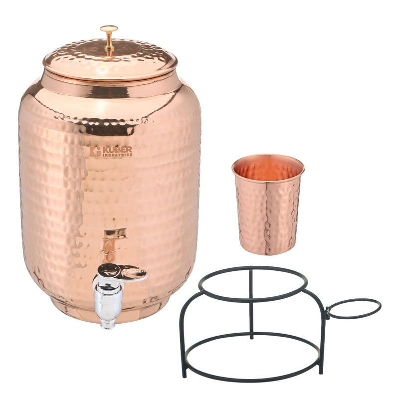 Kuber Industries 5 Litre Copper Water Dispenser with Stand and Glass | Storage Matka for Kitchen & Home | Hammered Texture, Non-Toxic and Rust-Proof Water Container Pot - Copper - Image 2