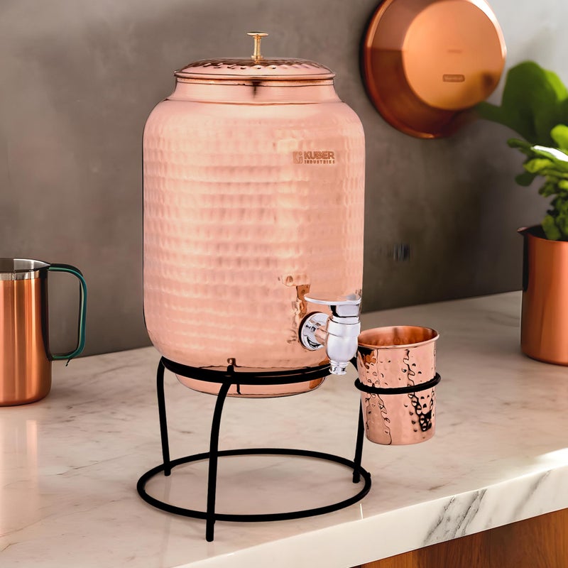Kuber Industries 5 Litre Copper Water Dispenser with Stand and Glass | Storage Matka for Kitchen & Home | Hammered Texture, Non-Toxic and Rust-Proof Water Container Pot - Copper - Image 1