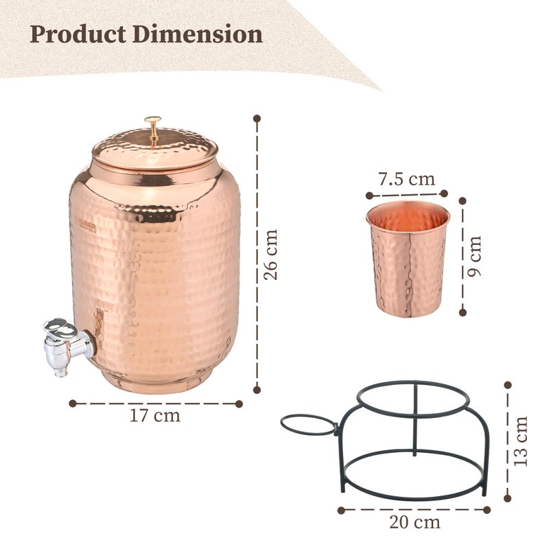 Kuber Industries 5 Litre Copper Water Dispenser with Stand and Glass | Storage Matka for Kitchen & Home | Hammered Texture, Non-Toxic and Rust-Proof Water Container Pot - Copper - Image 3