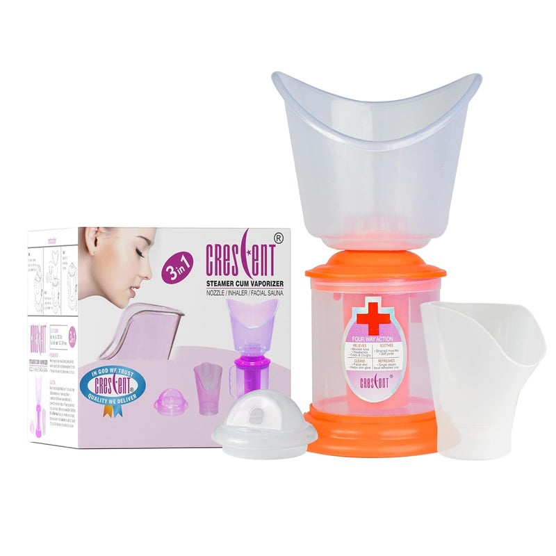 Crescent 3 IN 1 Facial Steamer Vaporizer for Cold and Cough and Facial for Face| Made in India| 3 Attachment| Orange - Image 1