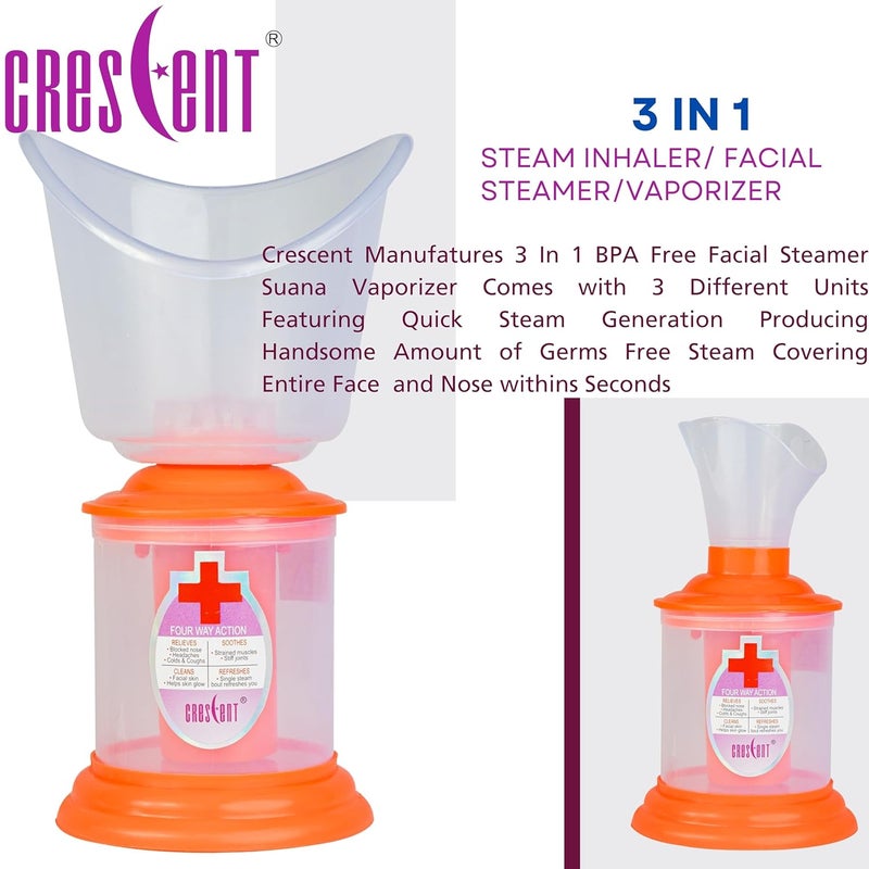 Crescent 3 IN 1 Facial Steamer Vaporizer for Cold and Cough and Facial for Face| Made in India| 3 Attachment| Orange - Image 2
