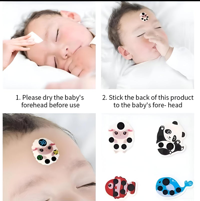 Baby Temperature Monitor Stickers - Cute panda design reusable fever patches for forehead, chemical-free, 5-pack for safe infant health tracking without batteries. - Image 2