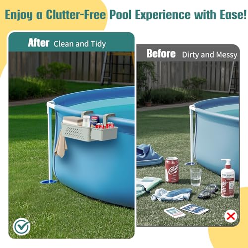 WDZREE 【2025 Upgrade】2-Pack Poolside Storage Basket with Cup Holder, Above Ground Pool Accessories, 3-in-1 Swimming Pool Hanging Storage Baskets to Organize Cups & Towels, Fits 3 Inch or Less Top Rail(Grey) - Image 4