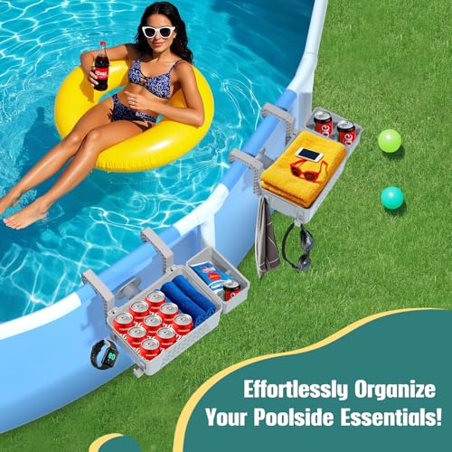 WDZREE 【2025 Upgrade】2-Pack Poolside Storage Basket with Cup Holder, Above Ground Pool Accessories, 3-in-1 Swimming Pool Hanging Storage Baskets to Organize Cups & Towels, Fits 3 Inch or Less Top Rail(Grey) - Image 5
