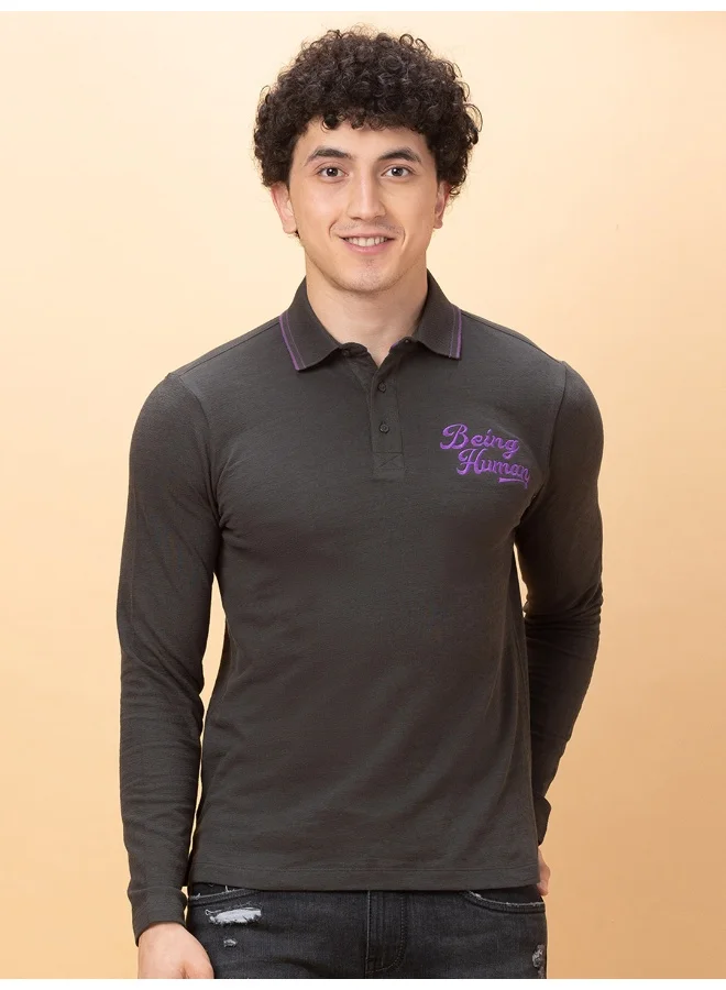 بيينغ هيومان Mens Charcoal Polo Collar Long Sleeve Polo T-Shirt