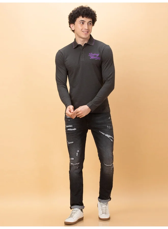 بيينغ هيومان Mens Charcoal Polo Collar Long Sleeve Polo T-Shirt