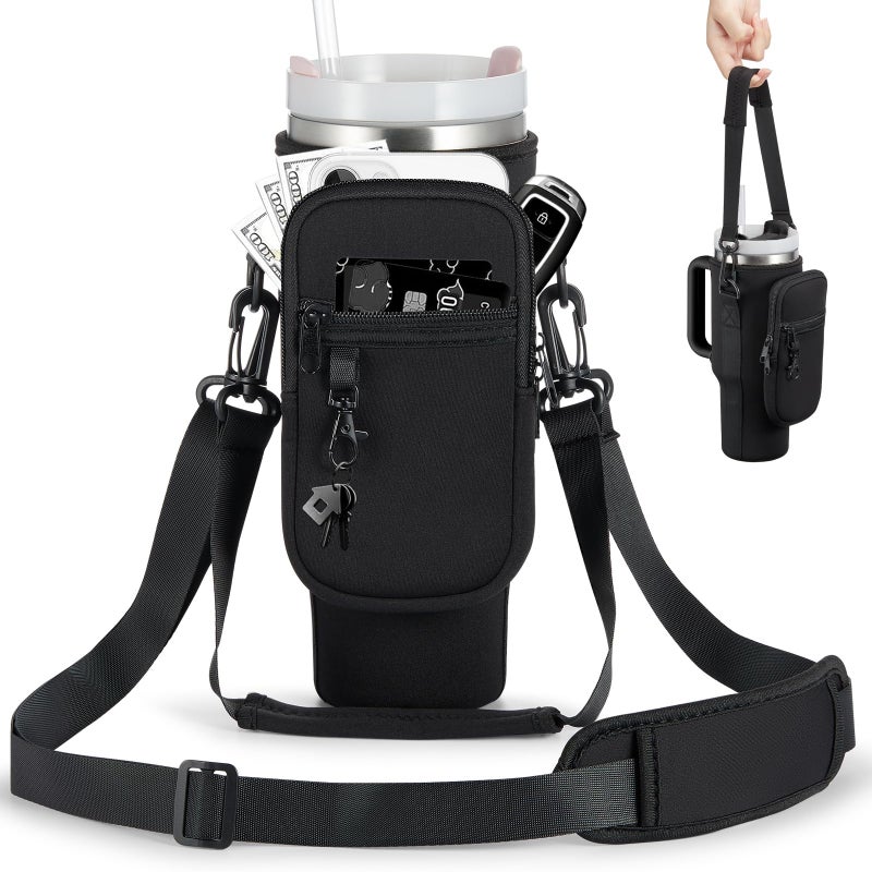 BULKITEM Water Bottle Carrier Bag with Phone Pocket for Black Stanley 40 oz Tumbler with Handle Black Insulated Neoprene Cup Holder Pouch Strap for Valentines Stanley Cup Accessories - Image 2