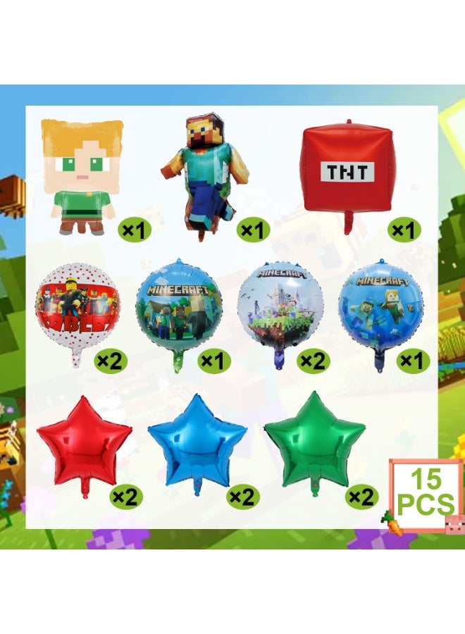 Minecraft Foil Balloon Set – 15pcs Pixel Game Party Decorations with Block & Creeper Character Balloons for Birthday Party Supplies Kids Minecraft Celebration Decor - Image 2