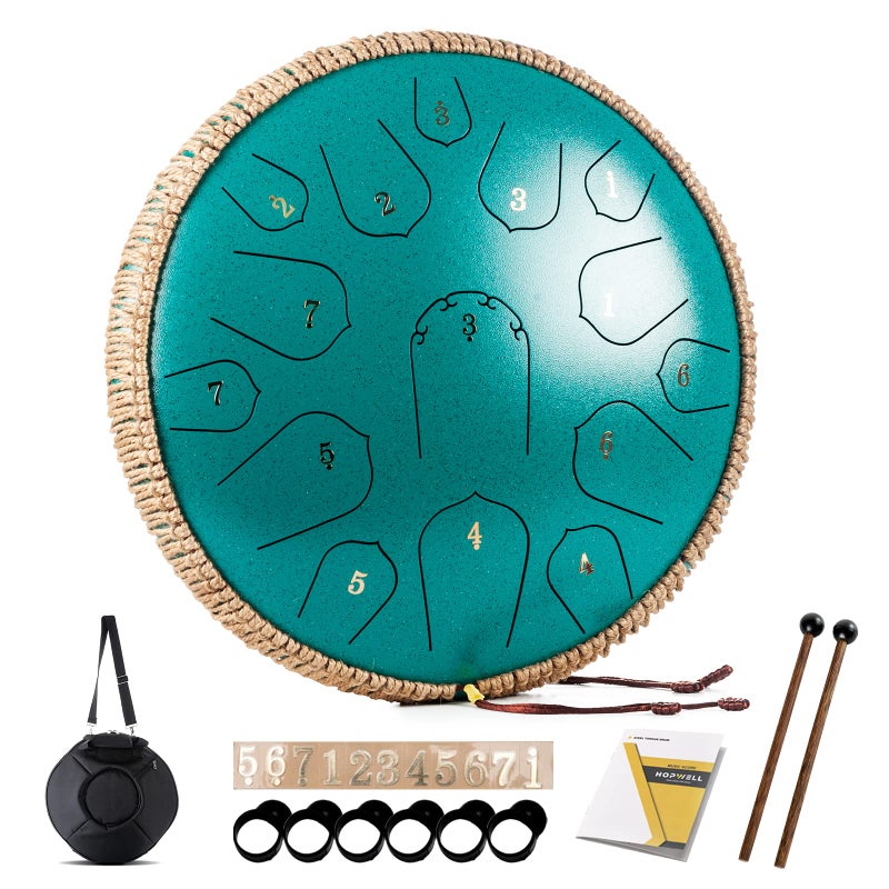 Steel Tongue Drum HOPWELL 15 Note 14 Inch Percussion Instrument Hand Pan Drums with Music Book Drum Mallets and Carry Bag D Major Malachite Green