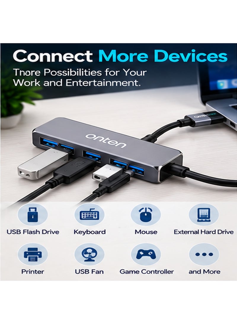أونتن موزع منافذ USB من ONTEN (طراز OTN-5701): يحول منفذ USB 3.0 إلى 4 منافذ؛ يتميز بتصميم فائق النحافة وسرعة عالية، ويضم منفذ USB 3.0 واحداً وثلاثة منافذ USB 2.0؛ مصنوع من سبيكة الألومنيوم، ويتمتع بتصميم خفيف الوزن وسهل الحمل؛ مثالي للاستخدام مع أجهزة الكمبيوتر المحمولة والمكتبية، وفي المكاتب وأثناء السفر. - Image 3