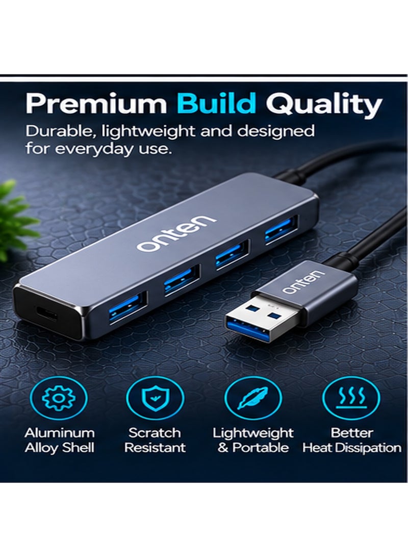 أونتن موزع منافذ USB من ONTEN (طراز OTN-5701): يحول منفذ USB 3.0 إلى 4 منافذ؛ يتميز بتصميم فائق النحافة وسرعة عالية، ويضم منفذ USB 3.0 واحداً وثلاثة منافذ USB 2.0؛ مصنوع من سبيكة الألومنيوم، ويتمتع بتصميم خفيف الوزن وسهل الحمل؛ مثالي للاستخدام مع أجهزة الكمبيوتر المحمولة والمكتبية، وفي المكاتب وأثناء السفر. - Image 5