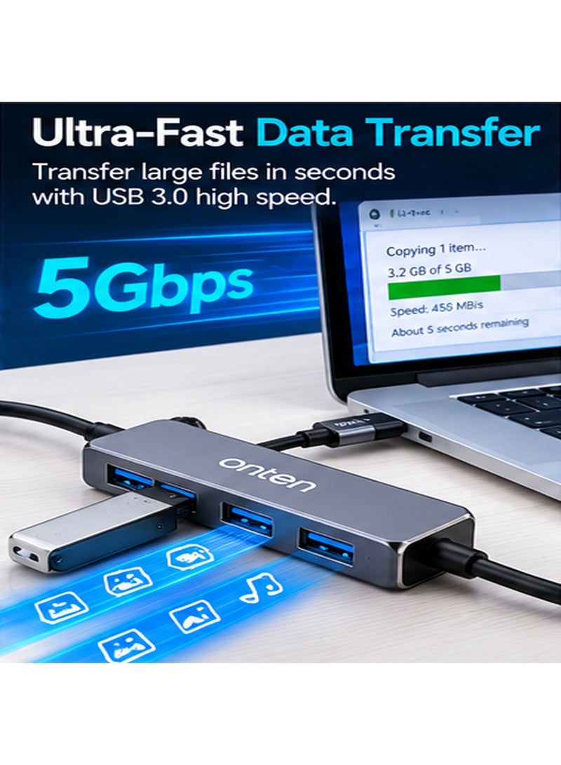 أونتن موزع منافذ USB من ONTEN (طراز OTN-5701): يحول منفذ USB 3.0 إلى 4 منافذ؛ يتميز بتصميم فائق النحافة وسرعة عالية، ويضم منفذ USB 3.0 واحداً وثلاثة منافذ USB 2.0؛ مصنوع من سبيكة الألومنيوم، ويتمتع بتصميم خفيف الوزن وسهل الحمل؛ مثالي للاستخدام مع أجهزة الكمبيوتر المحمولة والمكتبية، وفي المكاتب وأثناء السفر. - Image 2