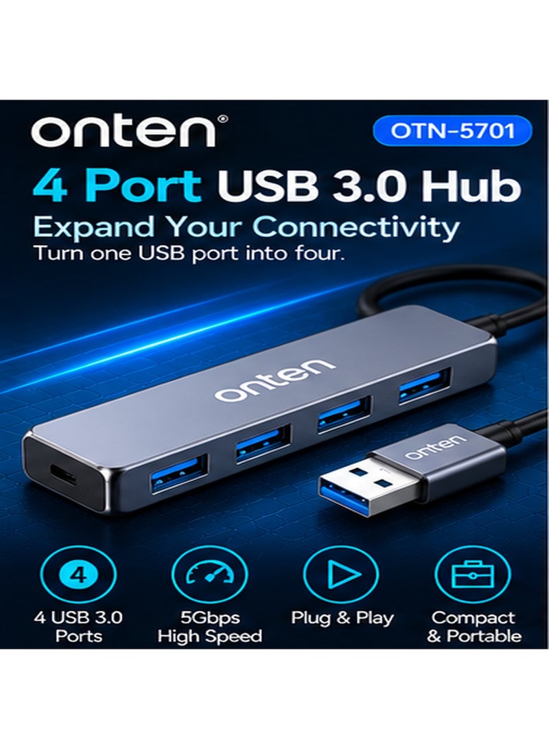 أونتن موزع منافذ USB من ONTEN (طراز OTN-5701): يحول منفذ USB 3.0 إلى 4 منافذ؛ يتميز بتصميم فائق النحافة وسرعة عالية، ويضم منفذ USB 3.0 واحداً وثلاثة منافذ USB 2.0؛ مصنوع من سبيكة الألومنيوم، ويتمتع بتصميم خفيف الوزن وسهل الحمل؛ مثالي للاستخدام مع أجهزة الكمبيوتر المحمولة والمكتبية، وفي المكاتب وأثناء السفر. - Image 1