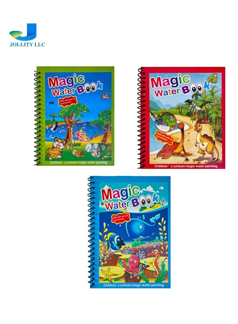 JOLLITY LLC Magic Water Book Drawing Toys for Kids 2 years plus Old Montessori Toys Drawing Books with Painting Water Brush Pens Baby Toys Dinosaur Jungle Animal and Water Sea Creatures 3 pcs - Image 1