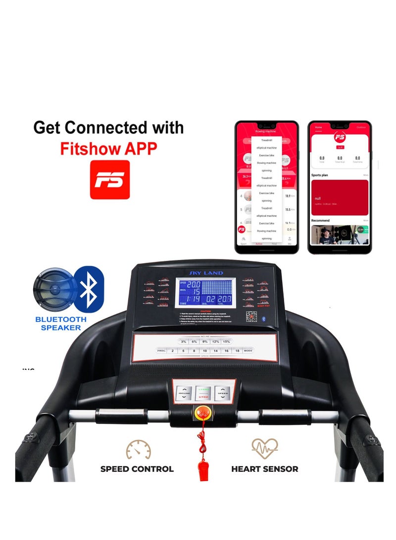 سكاي لاند مشاية قابلة للطي 4.5 حصان مع تطبيق Fit Show (FS) | آلة جري الجري شبه التجارية مع مكبر صوت بلوتوث ، 15٪ انحدار تلقائي ونظام إسقاط هيدروليكي ناعم - Image 2