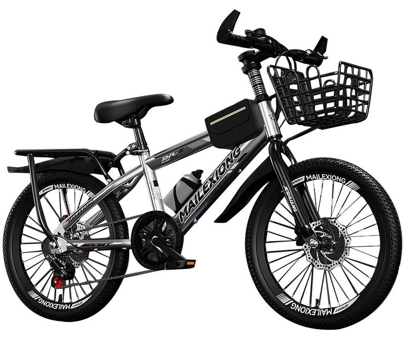 JRSHUANG Kids Bike 18-20-22-24 Inch, Mountain Bike 7 Speed Dual Disc Brake Bicycle with Passengers Rear Seat Adjustable Seat and Basket, Bike for 6-18 Years Boys and Girls (Black) - Image 1
