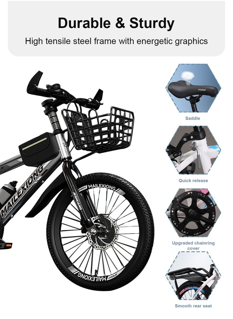 JRSHUANG - Mountain Bike 18-24 Inch, 7 Speed Dual Disc Brake Bicycle with Passengers Rear Seat Adjustable Seat and Basket, Kids Road Bike for 6-18 Years Boys and Girls - Image 1
