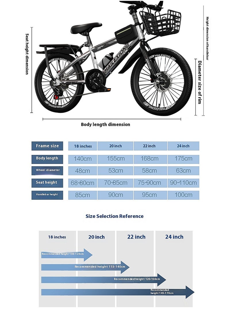 JRSHUANG - Mountain Bike 18-24 Inch, 7 Speed Dual Disc Brake Bicycle with Passengers Rear Seat Adjustable Seat and Basket, Kids Road Bike for 6-18 Years Boys and Girls - Image 1