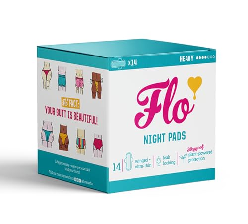 FLO Night Menstrual Pads 14 Pack Heavy Flow Leak Locking Winged UltraThin Natural Absorbent Soft Breathable Bamboo Period Pads for Women Plant Based Vegan Cruelty Free