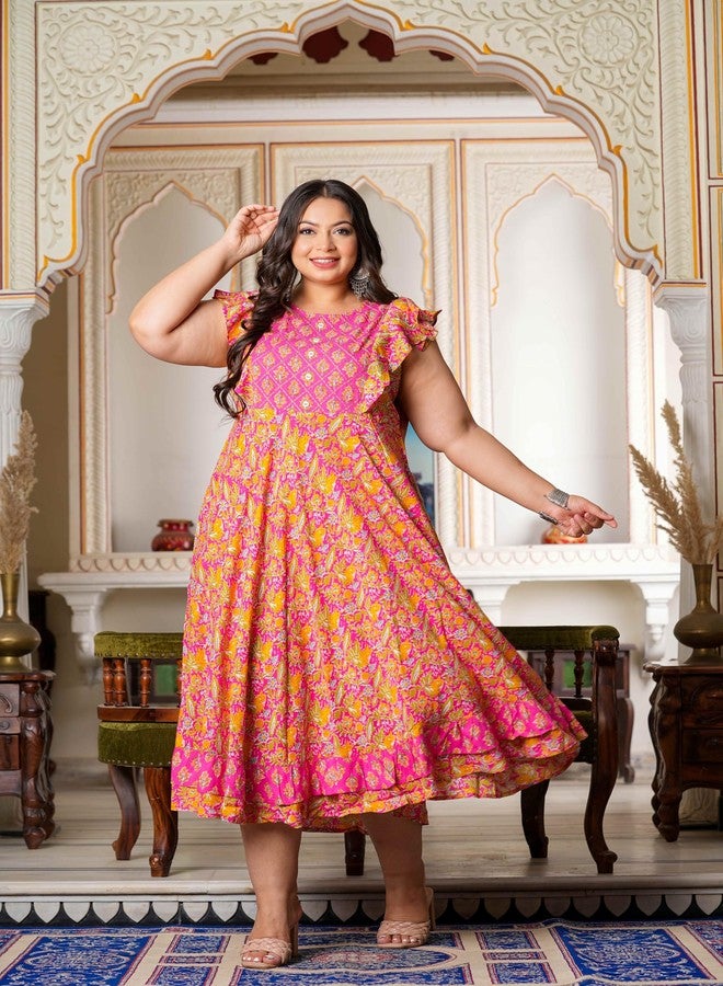 Yash Gallery Women's Rayon Floral Printed Embroidered Anarkali Kurta (1457YKPINK, Medium, Pink), Regular Fit - Image 2