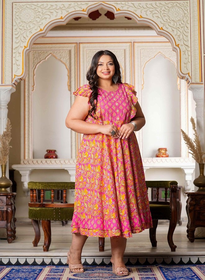 Yash Gallery Women's Rayon Floral Printed Embroidered Anarkali Kurta (1457YKPINK, Medium, Pink), Regular Fit - Image 3