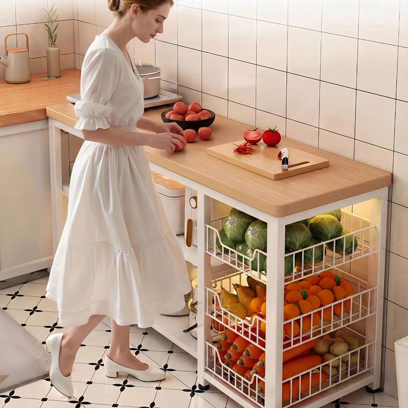 شاربدو خزانة تخزين للمطبخ بطول 120 سم، عربة جزيرة مطبخ على الطراز الصيني مع أرفف تخزين وسلال سلكية - منظم مطبخ متحرك، خزانة تخزين للمطبخ 120×35×80 سم - Image 2