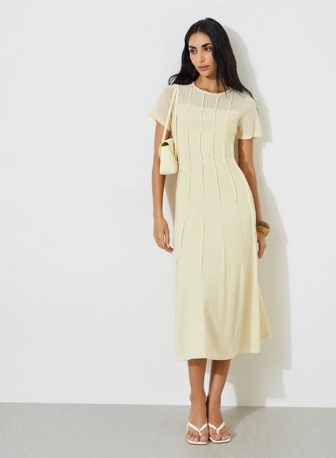 ستايلي Yellow Pintucks Detail Short Sleeves A-Line Midi Dress