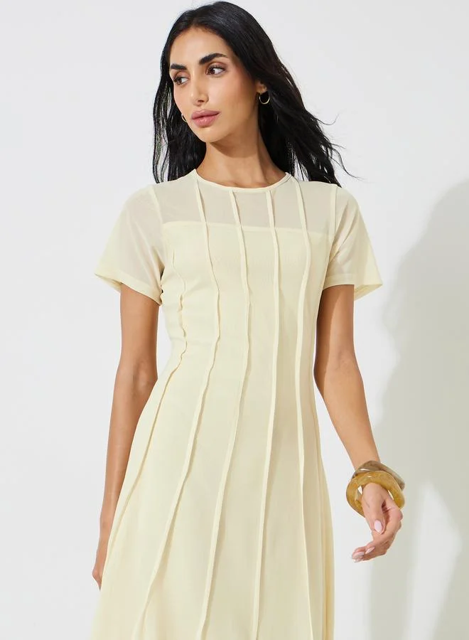 ستايلي Yellow Pintucks Detail Short Sleeves A-Line Midi Dress