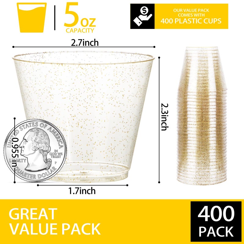 I00000 I00000 5oz 400 Pack Gold Glitter Plastic Cups  Glitter Disposable Small Plastic Cups  Plastic Clear Cups with Gold Glitter Shot Glasses  Plastic Small Tumbler Perfect for Wedding & Party - Image 1