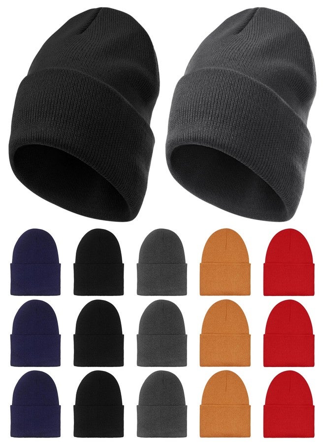 Huiguli 15 Pack Winter Beanie Hats Bulk, Knit Skull Caps & Toboggan for Men & Women - Warm Cozy Thermal Cuffed Beanies for Cold Weather (Multiple Colors) - Image 1