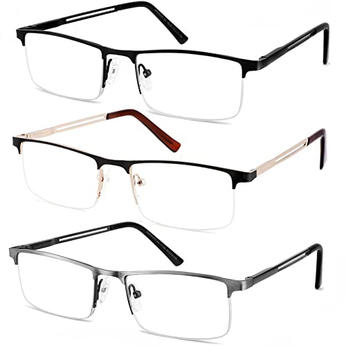 JJWELL 3 Pack Mens Reading Glasses Blue Light Blocking, Metal Rectangle Semi Rimless Readers for Men, Anti Eyestrain/Computer Glare/UV, Half Frame Spring Hinge Eyeglasses with Pouches(1.75) - Image 1