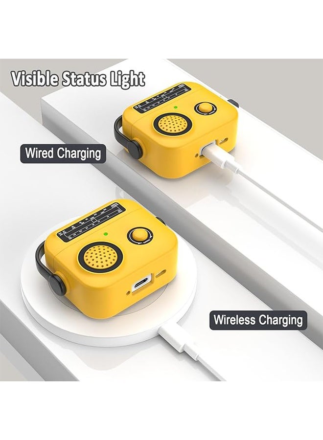 Compatible Protective Case Cover with AirPods 4, Vintage Radio Design Protective Case with Carabiner, Soft TPU Protective Shockproof Case, Front LED Visible - Yellow - Image 5