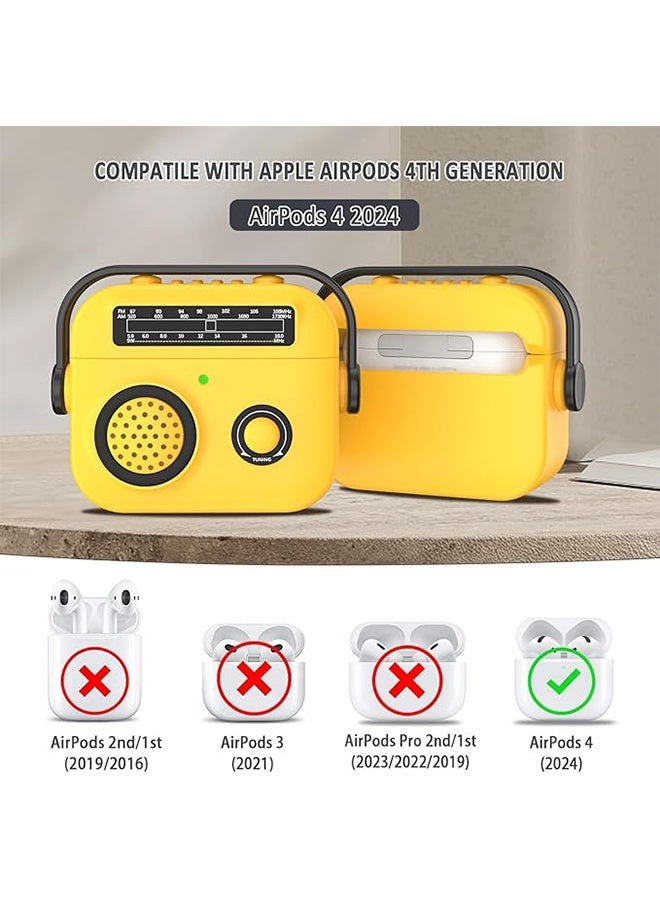 Compatible Protective Case Cover with AirPods 4, Vintage Radio Design Protective Case with Carabiner, Soft TPU Protective Shockproof Case, Front LED Visible - Yellow - Image 2
