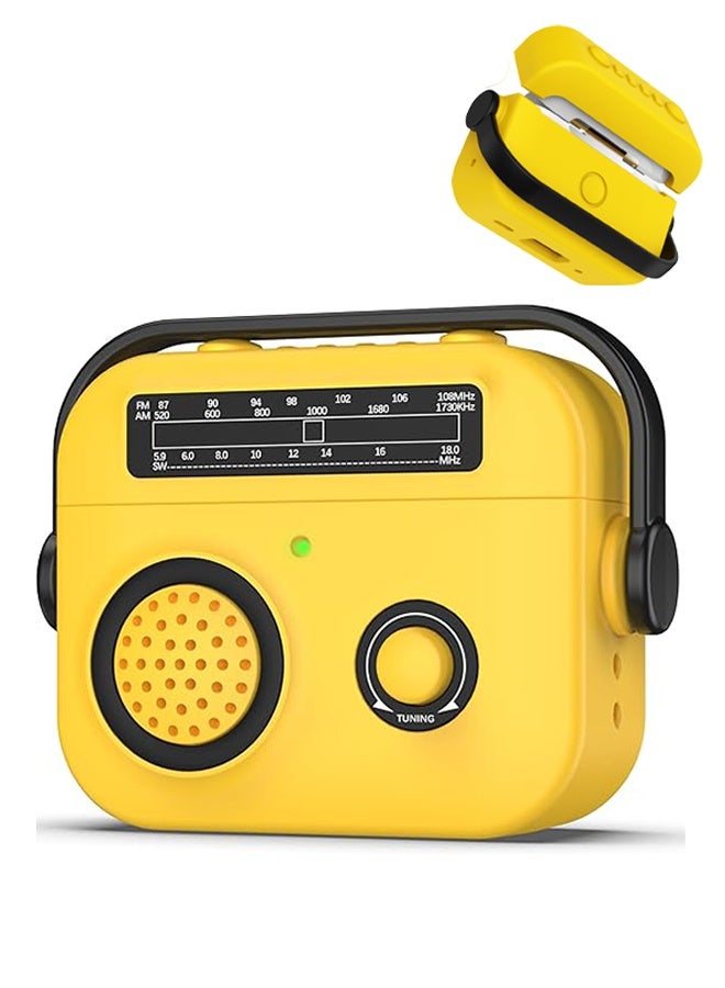 Compatible Protective Case Cover with AirPods 4, Vintage Radio Design Protective Case with Carabiner, Soft TPU Protective Shockproof Case, Front LED Visible - Yellow - Image 1