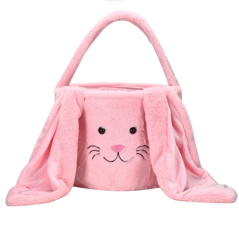 E-FirstFeeling Plush Easter Bunny Basket Easter Egg Hunt Basket with Plush Ears Bunny Bucket Tote for Candy Party Favors (Plush-Pink) - Image 1