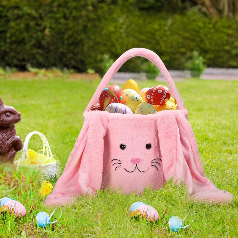 E-FirstFeeling Plush Easter Bunny Basket Easter Egg Hunt Basket with Plush Ears Bunny Bucket Tote for Candy Party Favors (Plush-Pink) - Image 5
