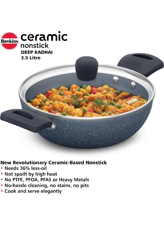 3.5 Liters Ceramic Nonstick Deep Kadhai/ Frying Pan With Glass Lid,Induction Compatible,Grey