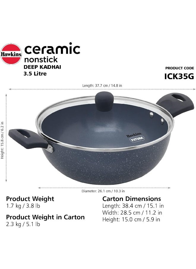 3.5 Liters Ceramic Nonstick Deep Kadhai/ Frying Pan With Glass Lid,Induction Compatible,Grey