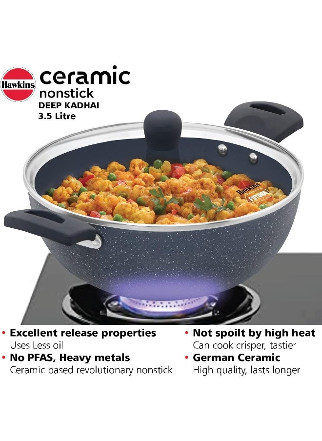 3.5 Liters Ceramic Nonstick Deep Kadhai/ Frying Pan With Glass Lid,Induction Compatible,Grey