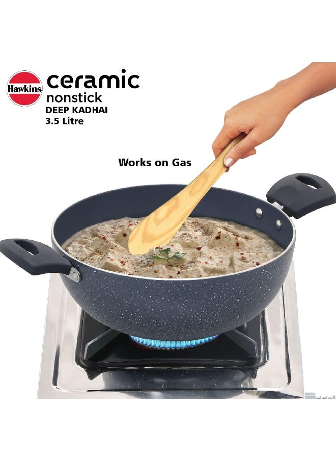3.5 Liters Ceramic Nonstick Deep Kadhai/ Frying Pan With Glass Lid,Induction Compatible,Grey