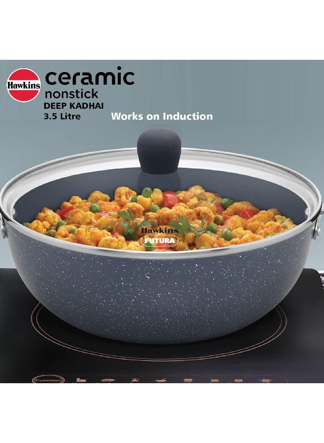 3.5 Liters Ceramic Nonstick Deep Kadhai/ Frying Pan With Glass Lid,Induction Compatible,Grey