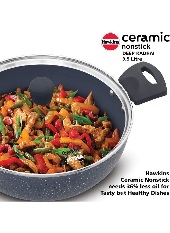 3.5 Liters Ceramic Nonstick Deep Kadhai/ Frying Pan With Glass Lid,Induction Compatible,Grey