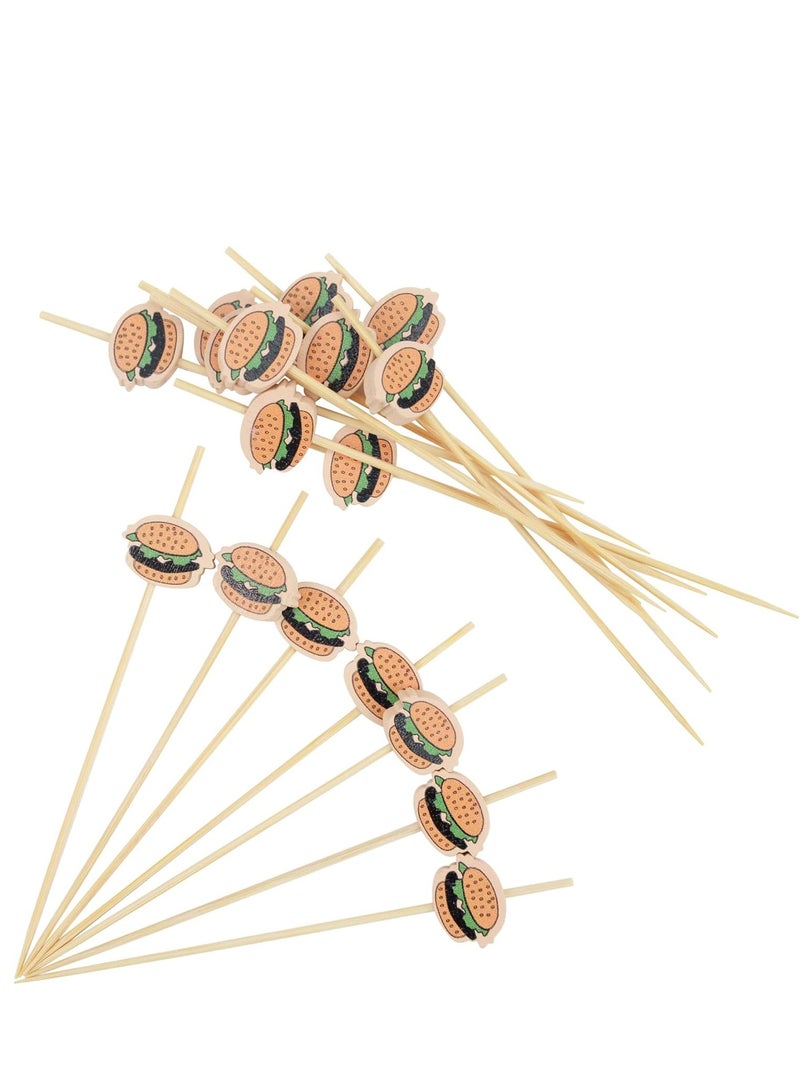 KASTWAVE 100 Counts Cocktail Sticks, Handmade Wooden Skewers with Burger Ornament, Appetizer Fruit Finger Food Picks, Wedding Birthday BBQ Buffet Party Supplies - Image 1