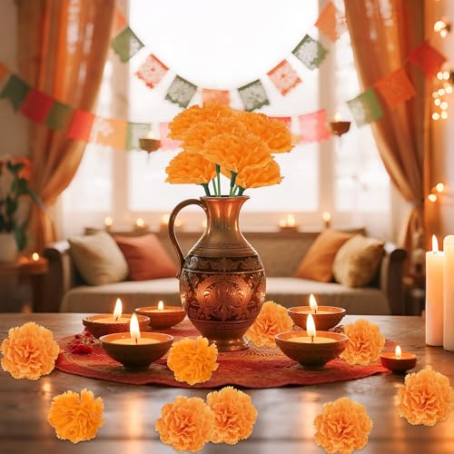 GOMALL 30 Pcs Artificial Marigold Flowers,2" Silk Marigold Flower Heads with Stems,Orange Flowers Artificial for Diwali Decor,Indian Wedding,Home,DIY Wreath Garland,Day of The Dead Decorations - Image 4