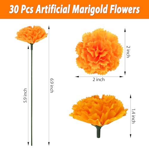GOMALL 30 Pcs Artificial Marigold Flowers,2" Silk Marigold Flower Heads with Stems,Orange Flowers Artificial for Diwali Decor,Indian Wedding,Home,DIY Wreath Garland,Day of The Dead Decorations - Image 2