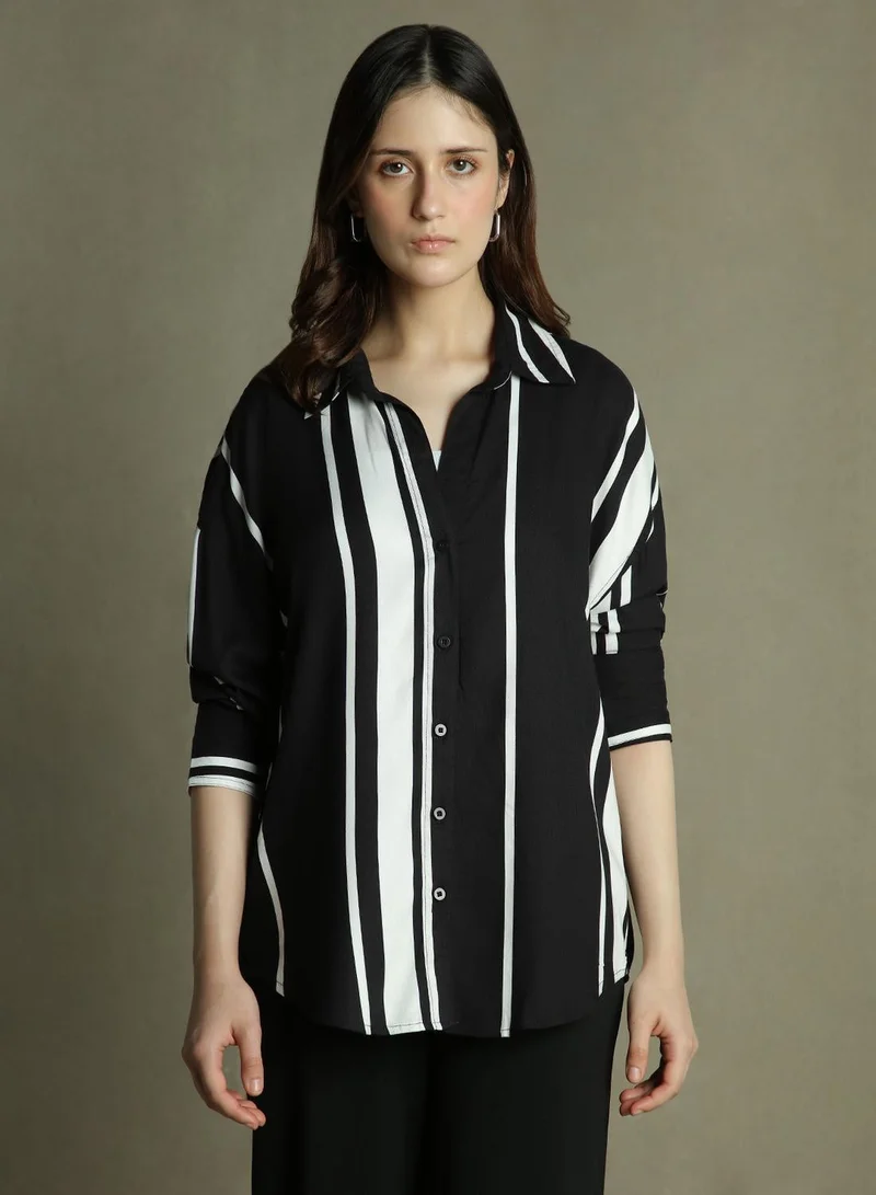 Dennis Lingo  Women's Black Rayon Printed Oversized Shirt for Women | Best Price UAE