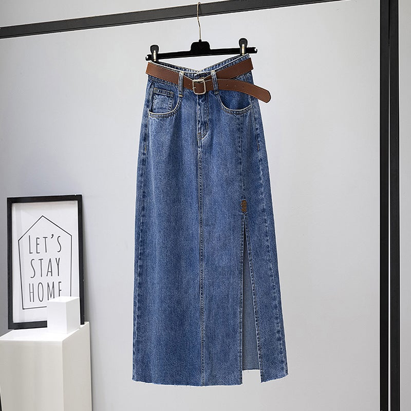 Embroidered High-Waist Denim Skirt for Women Belt - Image 2