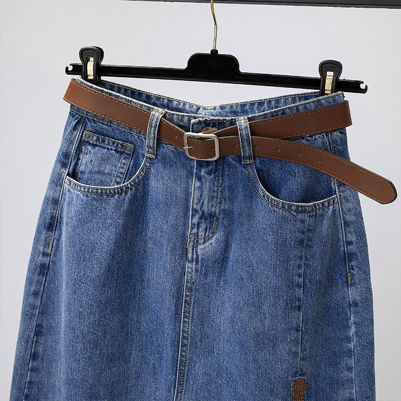 Embroidered High-Waist Denim Skirt for Women Belt - Image 1