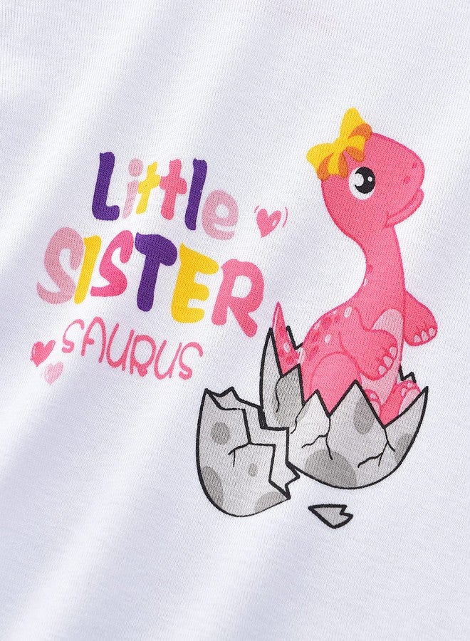 WAWSAM Little Sister Bodysuit Newborn Baby Girls’ Dinosaur Romper Sibling Outfit Infant Toddler Cotton Printed Short sleeve Onesies Dino Casual Summer Jumpsuit Gift (white, 0-3 Months) - Image 2