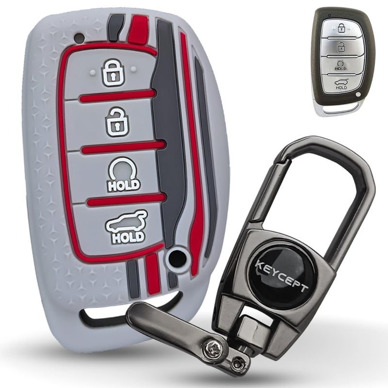 KEYCEPT Tristar Silicone Key Cover for Hyundai Alcazar, Creta, EV 2021 Nline 4 Button Smart Key with Keychain. (Type 2, Grey) - Image 3
